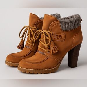 See By Chloe Women's Leather Lace Up Brown Heeled Ankle Boots Size 37